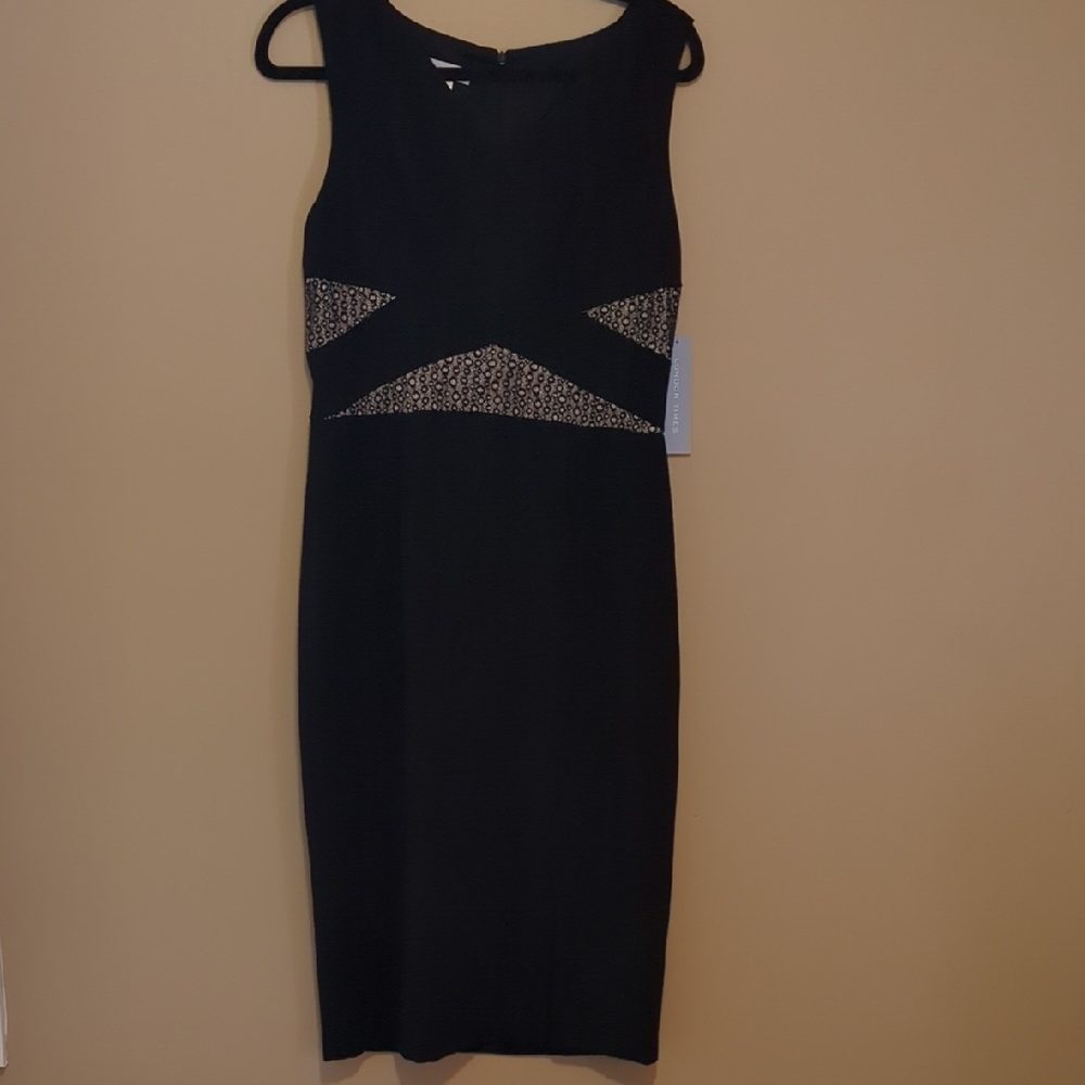 London Times Black Midi Dress with Mesh Accents